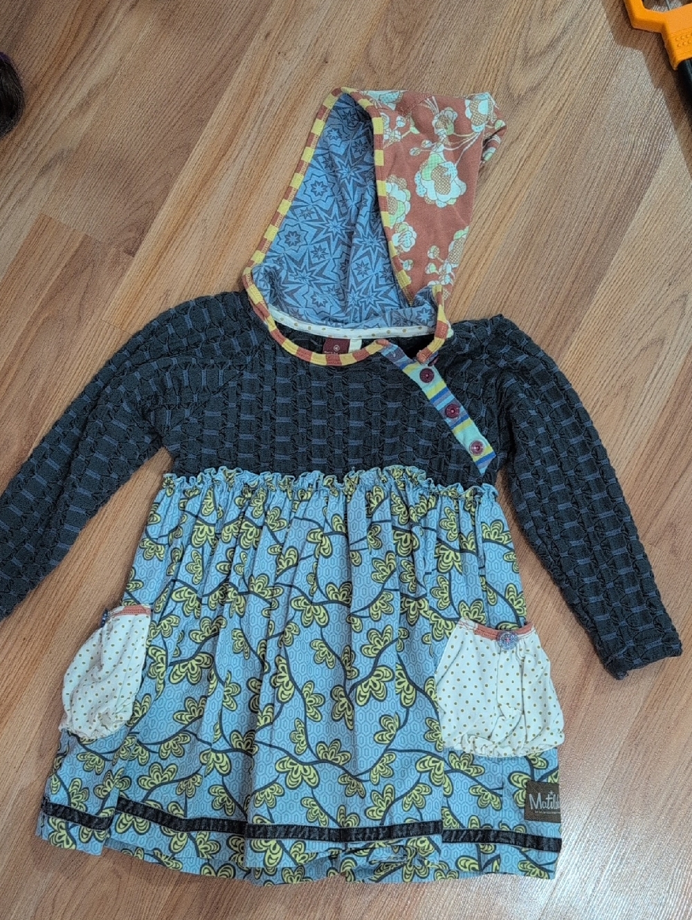 Girls Mixed-Print Hooded Dress with Pockets - Blue, Black, Yellow